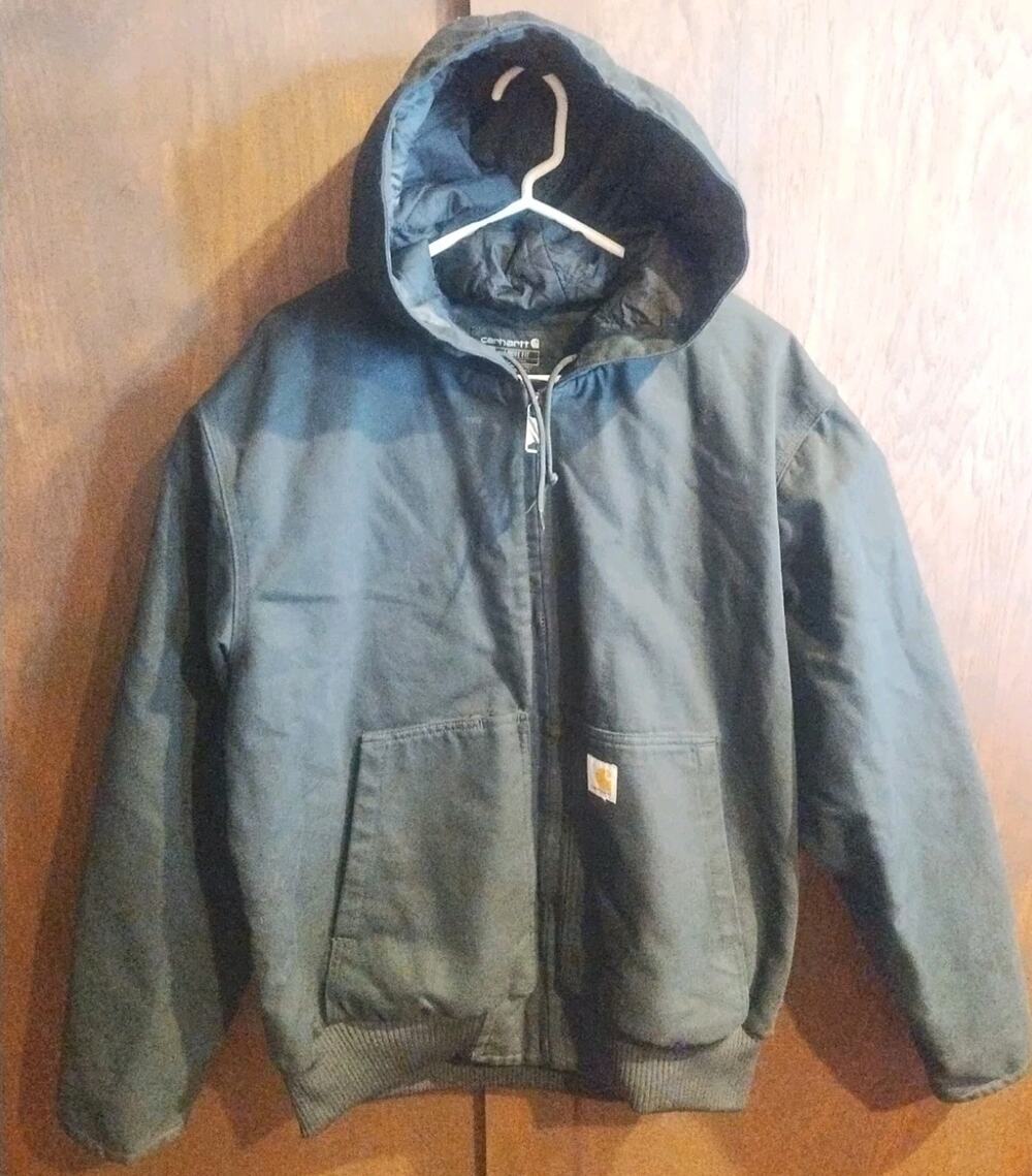 Carhartt Mens Large Canvas Active Winter Jacket J130-M Black Loose Fit Hood EUC